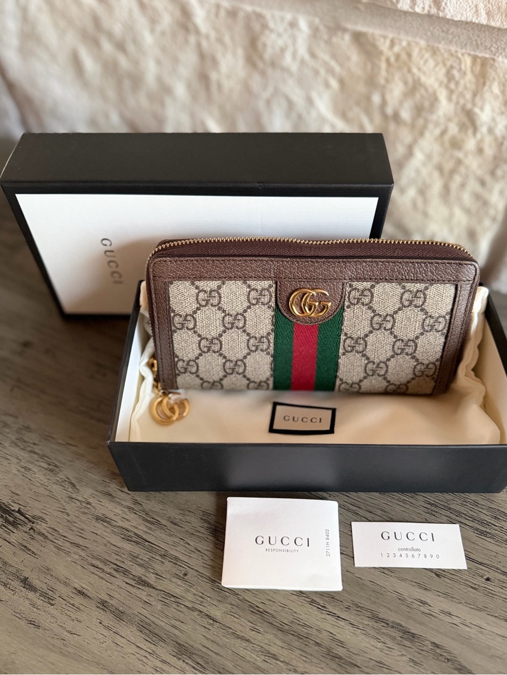 Gucci Ophidia GG Supreme Web Stripe Zip Around Wallet Full Set box/dustbag🔥